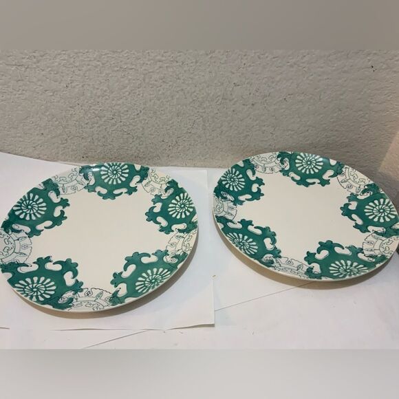 2 Threshold Keira Stoneware Green Patterned Stoneware Dinner Plates 10.5" G18 - Picture 1 of 6